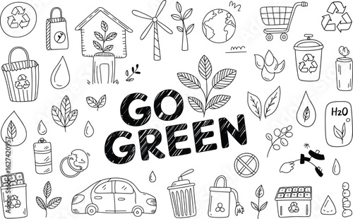 Eco-friendly doodle illustration promoting green living, sustainability, renewable energy, recycling, and conscious lifestyle habits for a better planet.