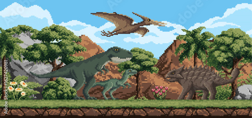 8 bit pixel art prehistoric dinosaurs and reptiles in Jurassic forest, vector game landscape background. Prehistoric dinosaurs, lizards or reptiles and pterodactyl in cartoon 8 bit pixel landscape
