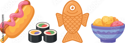 Delicious food vector illustration featuring hotdog sushi fish