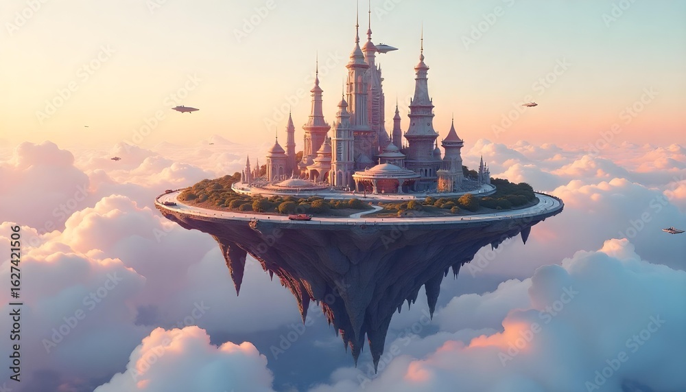Obraz premium A surreal floating island city in the sky, golden hour lighting, futuristic towers with flying cars, dreamlike clouds and pink-blue sky, ultra-detailed, hyperrealistic .
