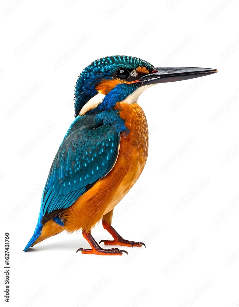 Obraz premium A vibrant kingfisher bird stands isolated against a clean white background.