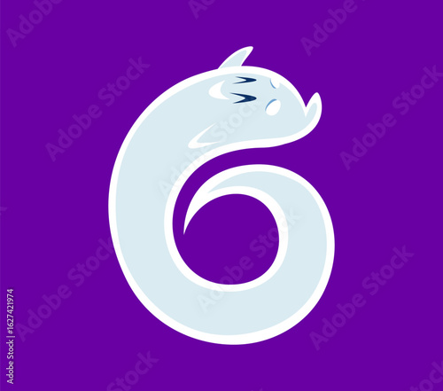 Halloween font 6 digit ghost cartoon comical character. Scary spirit personage English ABC six digit or Halloween cheerful ghost font typeset vector numeral symbol, latin alphabet figure or number