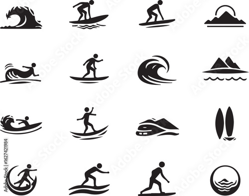 Dynamic surf icons capture ocean waves and surfer action for active lifestyle