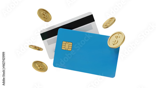 Securely pay and earn rewards with your modern credit card and flying gold coins isolated on transparent background