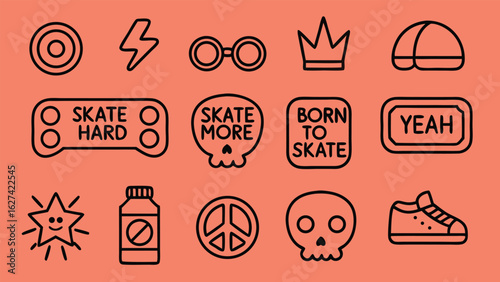 Skateboarding icons and phrases sticker style hand drawn