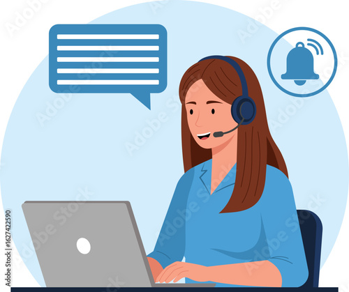 Illustration of a female customer support agent with a headset working on a laptop, symbolizing online assistance and communication.