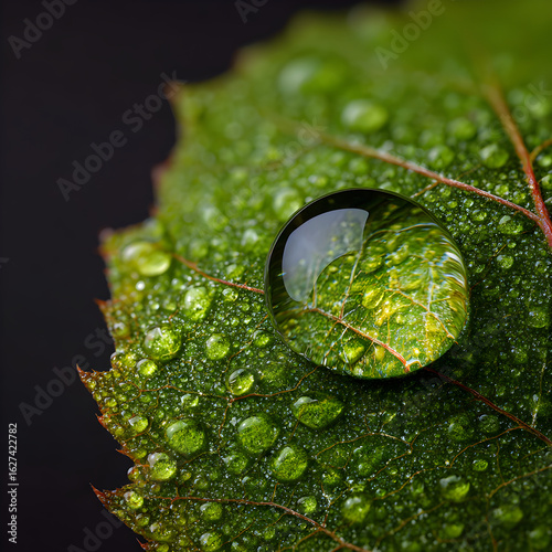 Nature's Intricate Details: Capturing the Beauty of a Single Raindrop on a Leaf Under Close Observation