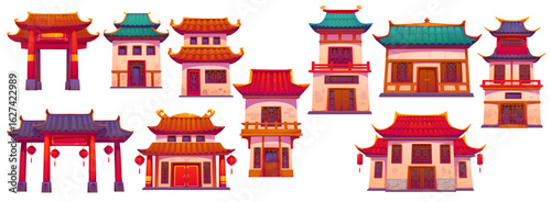 Chinese buildings, China town gates, houses and ancient temples, vector asian architecture. Cartoon pagoda buildings of chinese city or chinatown, shrine gate torii, ceramic tile roof and wood doors