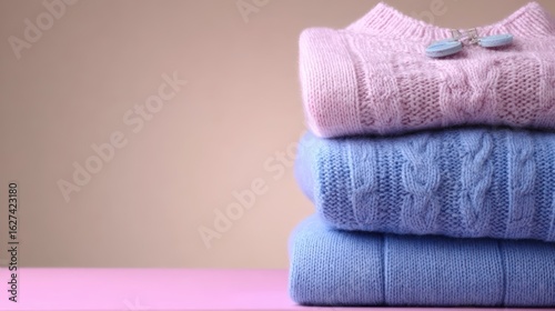 Stack of folded pink and blue knitted sweaters with a toggle closure on a pink surface against a gradient beige backdrop