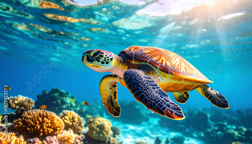 A sea turtle swims gracefully underwater near a coral reef, illuminated by sunlight filtering through the surface.