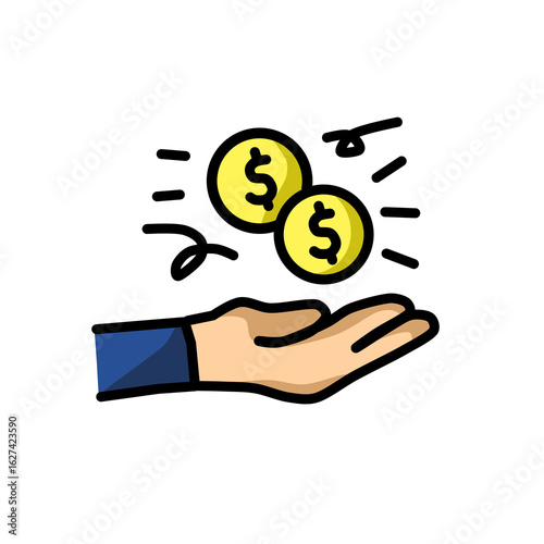Money coin icon cartoon vector. Education and business stationery. Yellow and blue colour
