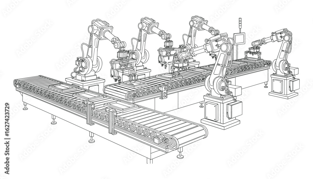 Obraz premium Automated Manufacturing Process: Industrial Robotic Arms and Conveyor Belts in a Production Line