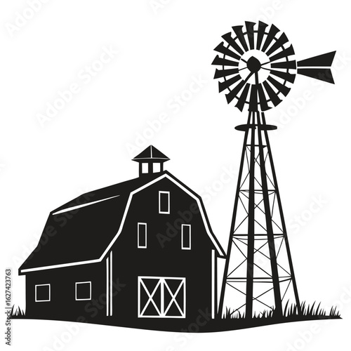 Rustic barn & windmill silhouette