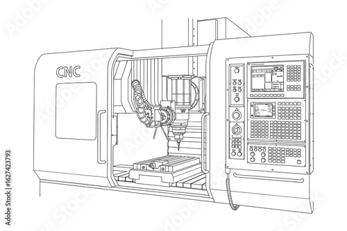 Detailed Line Drawing of a CNC Milling Machine: Industrial Manufacturing Equipment