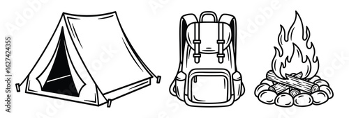 Camping Icons Set: Tent, Backpack, and Bonfire in Black and White Cartoon Style.