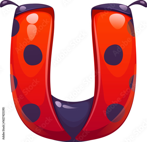 Ladybug cartoon font letter U. Spring ladybird kids ABC typeface sign, garden lady bug vector English alphabet type symbol. Cute ladybug beetle typeset element or cartoon font letter