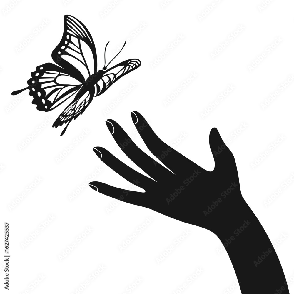 Obraz premium Butterfly landing on hand silhouette