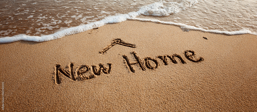 Fototapeta premium New Home Handwritten in Beach Sand with Minimalist One-Line House Drawing – Wide Banner Layout for Real Estate and Moving Day Promotions