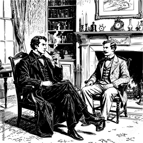Sherlock Holmes and Dr. Watson in 221B Baker Street. Monochrome vector illustration. EPS version.