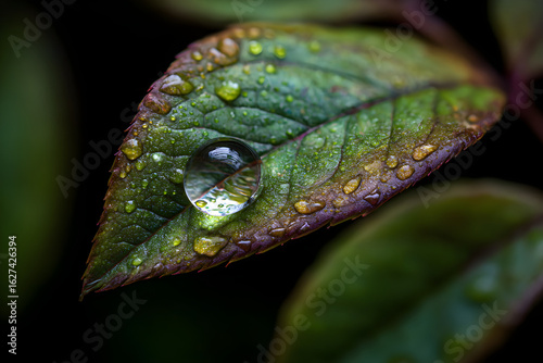 Nature's Intricate Details: Capturing the Beauty of a Single Raindrop on a Leaf Under Close Observation