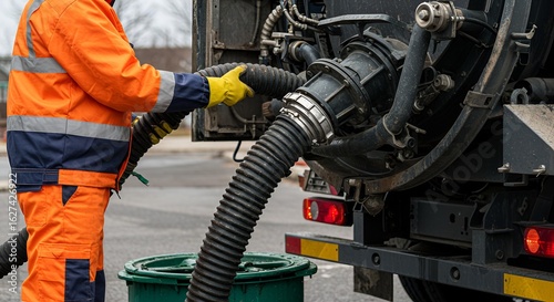 Sewer Maintenance Worker Attaching Hose to Truck