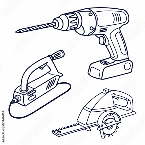 Collection of three hand drawn line art illustrations of power tools including a cordless drill a sander and a circular saw