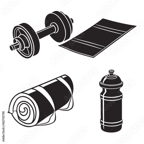 Black and white illustration of fitness equipment including a dumbbell yoga mat rolled up mat and water bottle