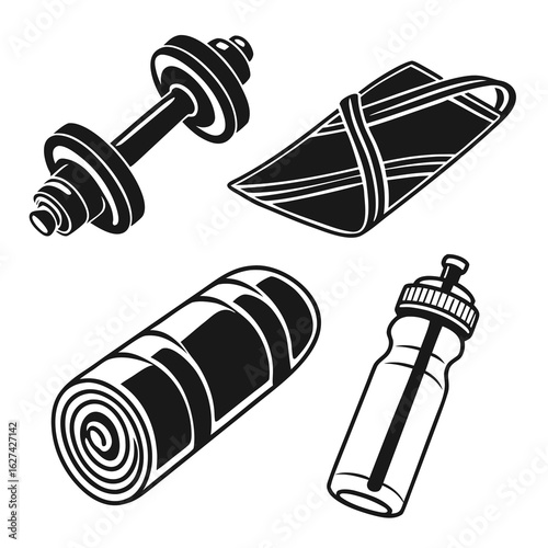 Collection of black and white fitness equipment icons including a dumbbell yoga mat rolled exercise mat and water bottle
