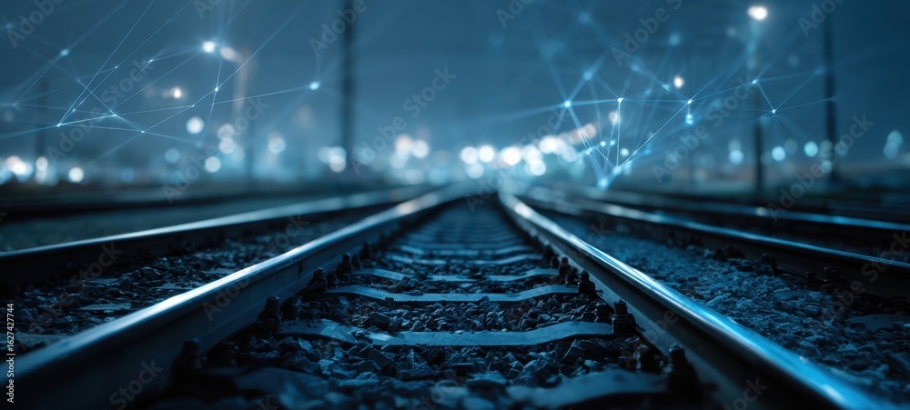 Fototapeta premium The Railway Tracks Illuminated by a Digital Network in the Night.