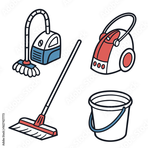 Set of cartoon style cleaning equipment including a mop vacuum cleaner bucket and another vacuum cleaner