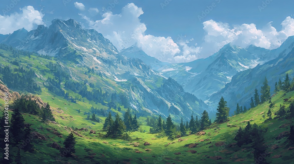 Fototapeta premium Scenic mountain landscape with rolling hills, majestic peaks, and lush green valleys under a clear blue sky