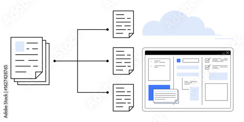 Stacked documents transform into organized digital files in a cloud-based interface. Ideal for workflow, data management, organization, cloud storage, efficiency, paperless, productivity. Simple flat