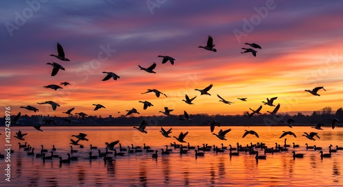 Wallpaper Mural Birds silhouette sunset flight over lake Torontodigital.ca