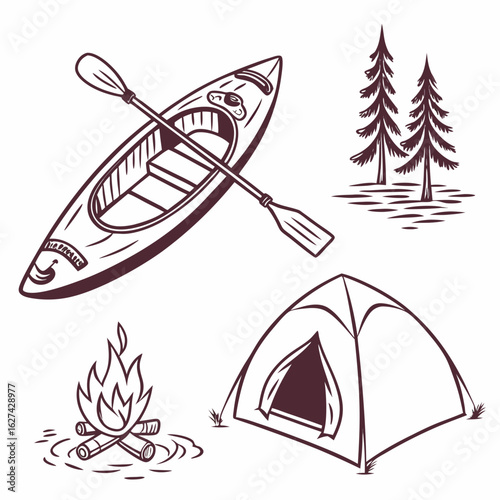 Outdoor adventure elements including kayak paddle tent campfire and pine trees in a stylized drawing