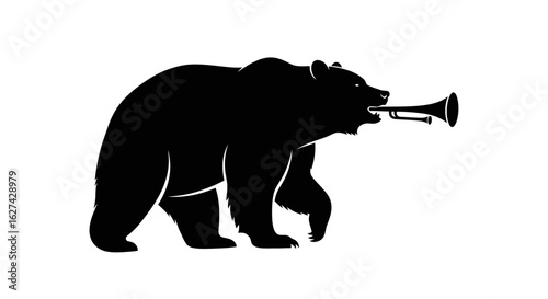 side profile of a grizzly bear playing a trumpet – bold black silhouette, isolated on transparent background, perfect for logos and branding