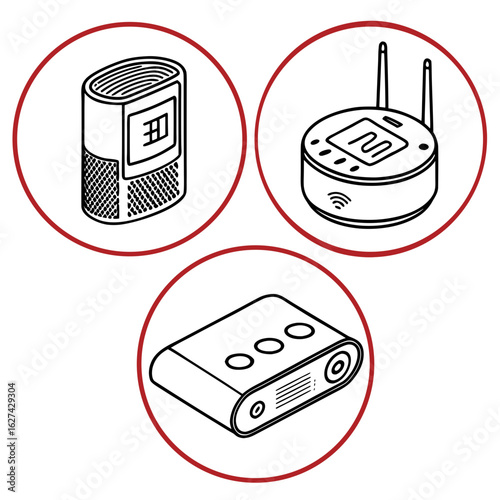Three isometric line art icons depicting modern electronic devices including a smart speaker a wireless router and a portable projector