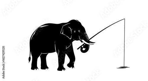 side profile of an elephant patiently fishing – a unique black silhouette illustration isolated on transparent background, perfect for branding and design projects