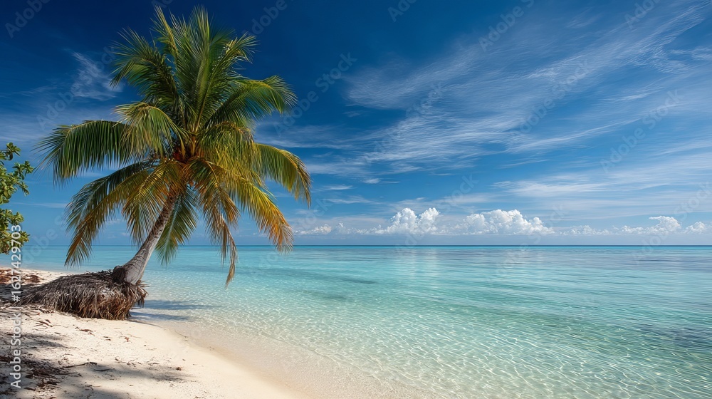 Fototapeta premium Sunny tropical beach with palm trees and blue ocean horizon for summer vacation and luxury travel