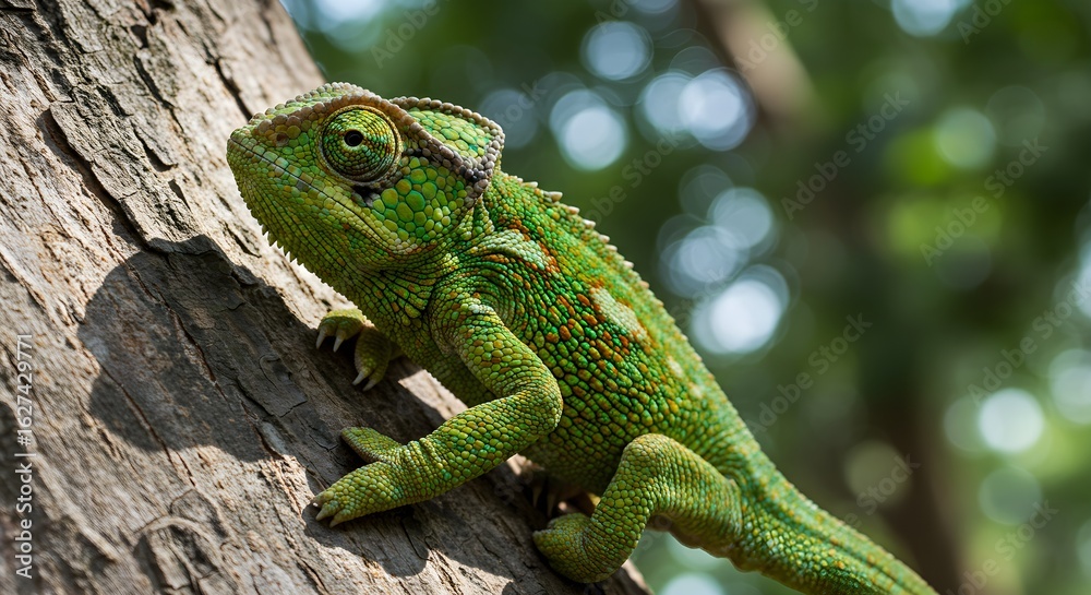 Fototapeta premium Chameleon on tree trunk
