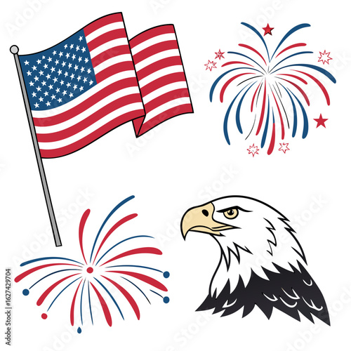 American flag waving proudly with fireworks and a bald eagle head symbolizing patriotism and celebration