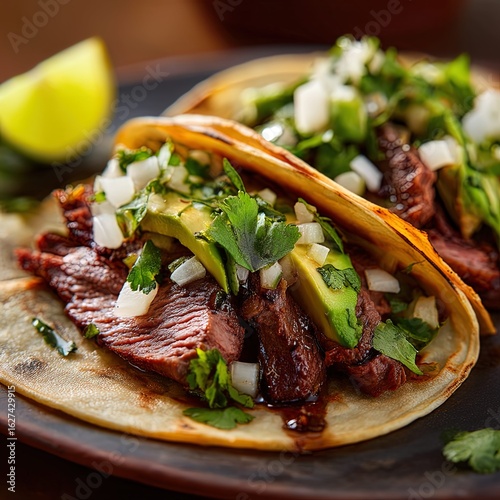 gourmet ribeye soft tacos, perfectly seared and thinly sliced ribeye steak with visible marbling