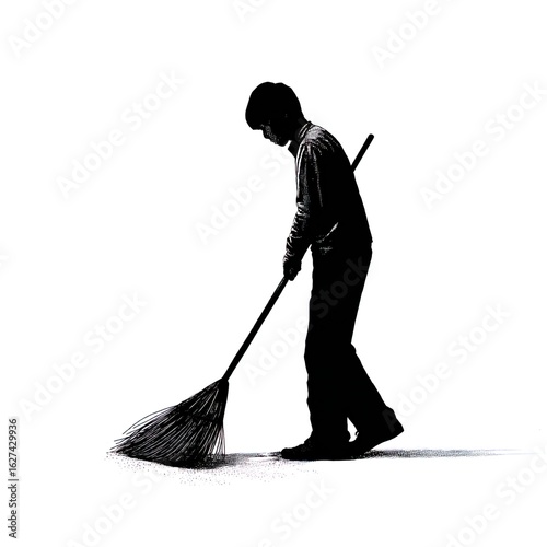 A person sweeping the floor with a broom, simple solid white background, high contrast
