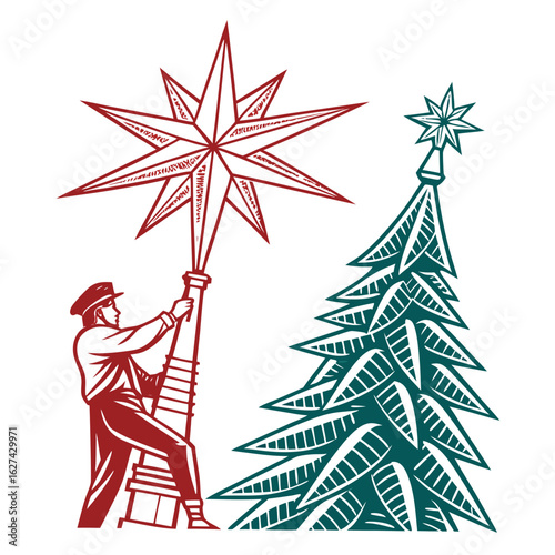 Man on ladder placing a large red star on top of a green christmas tree