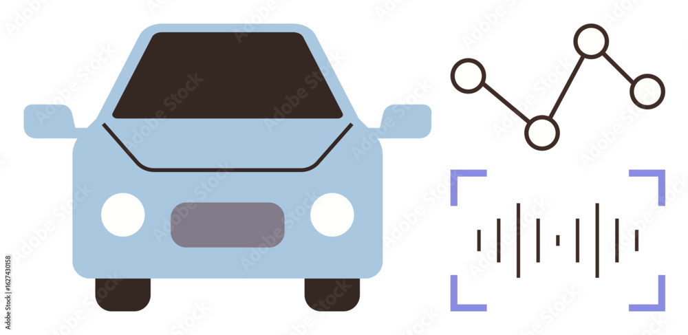 Naklejka premium Light blue car faced forward, analytical graph line, and sound waves in detection brackets. Ideal for autonomous driving, innovation, AI, technology, data processing, navigation simple flat metaphor