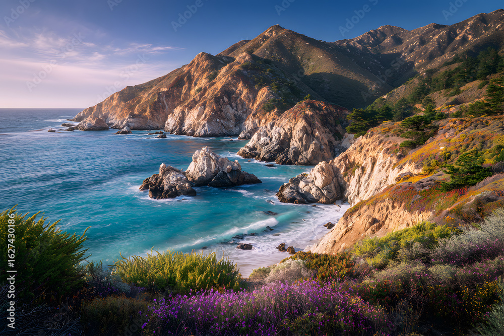 Obraz premium Dramatic coastal cliffs with ocean waves crashing below