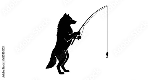 profile view of a wolf silhouette patiently fishing, isolated on transparent background: a striking vector illustration