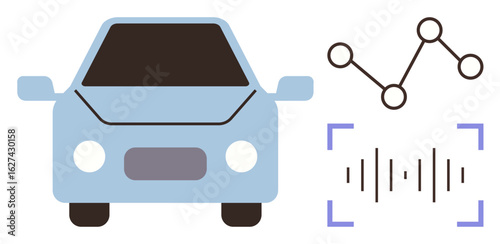 Light blue car faced forward, analytical graph line, and sound waves in detection brackets. Ideal for autonomous driving, innovation, AI, technology, data processing, navigation simple flat metaphor