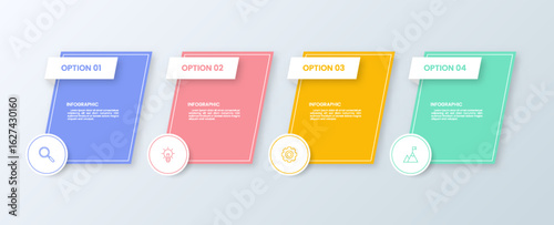 Modern business infographic template, geometric shape with 4 options or steps icons.