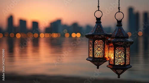 Ornate lanterns hanging over a tranquil water scene at sunset.