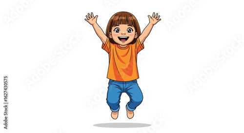 Happy excited cartoon girl jumping with joy, raising her hands up. Vector character illustration isolated on white